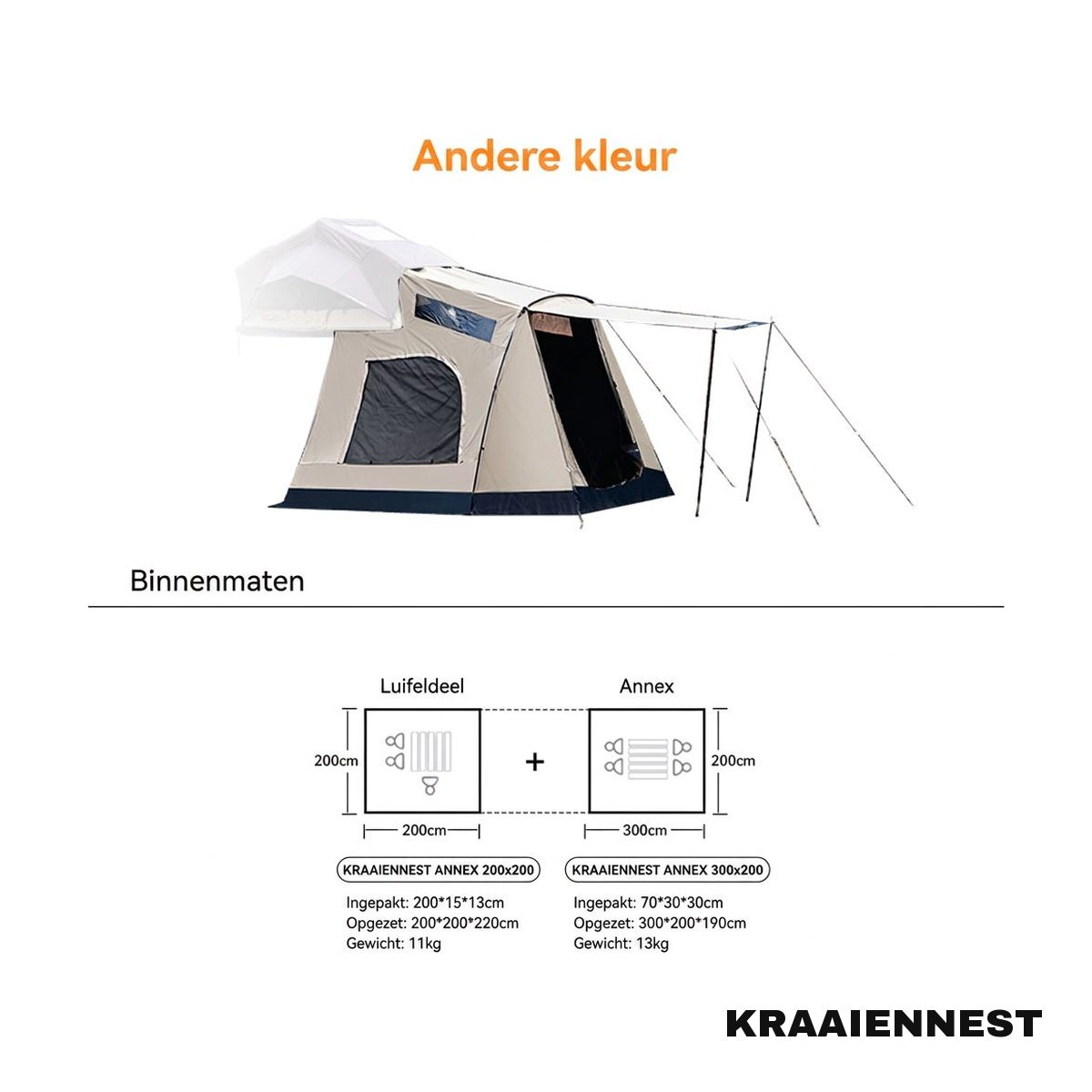 Binnenmaten van de Kraaiennest Annex voortent met luifeldeel en slaapruimte