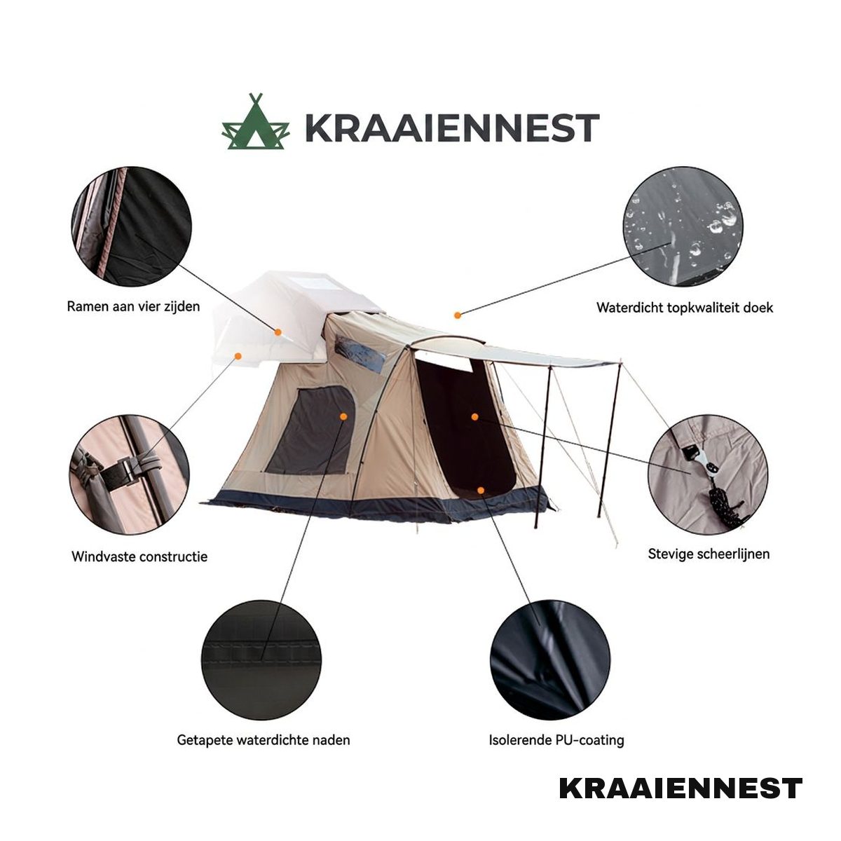 Kenmerken Kraaiennest Annex: ramen aan vier zijden, waterdicht doek, getapete naden en PU-coating
