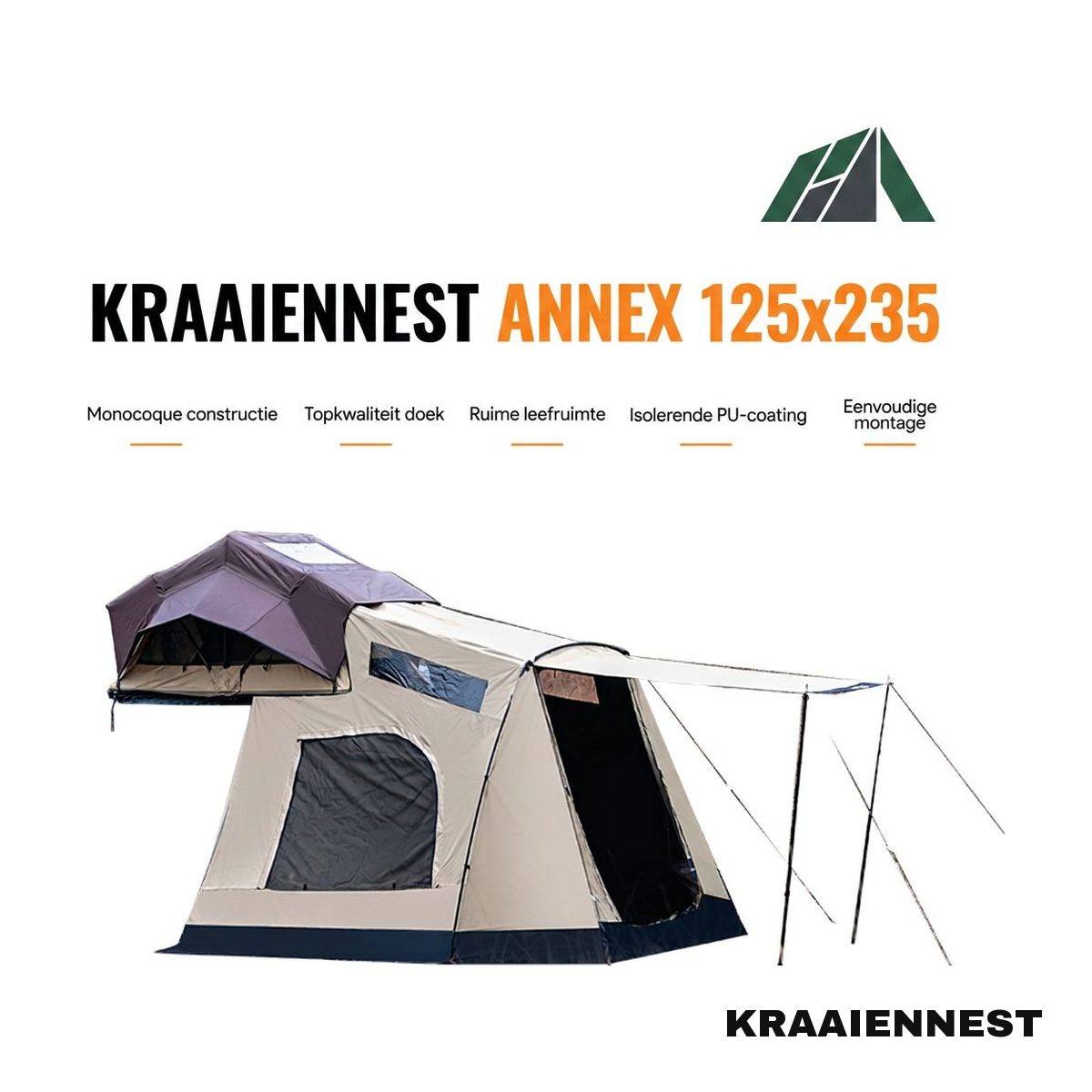 Kraaiennest Annex 125x235 voortent onder een daktent met luifel