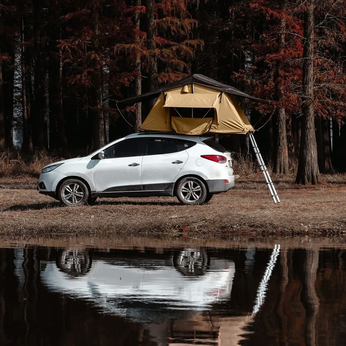 Kraaiennest Duinrand Wedge softshell daktent met luifel, opgezet op een gezinsauto