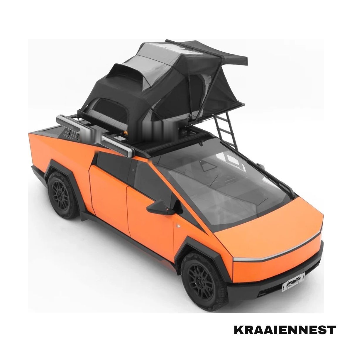 Kraaiennest Veluwe 140 daktent volledig uitgeklapt op een elektrische pick-up