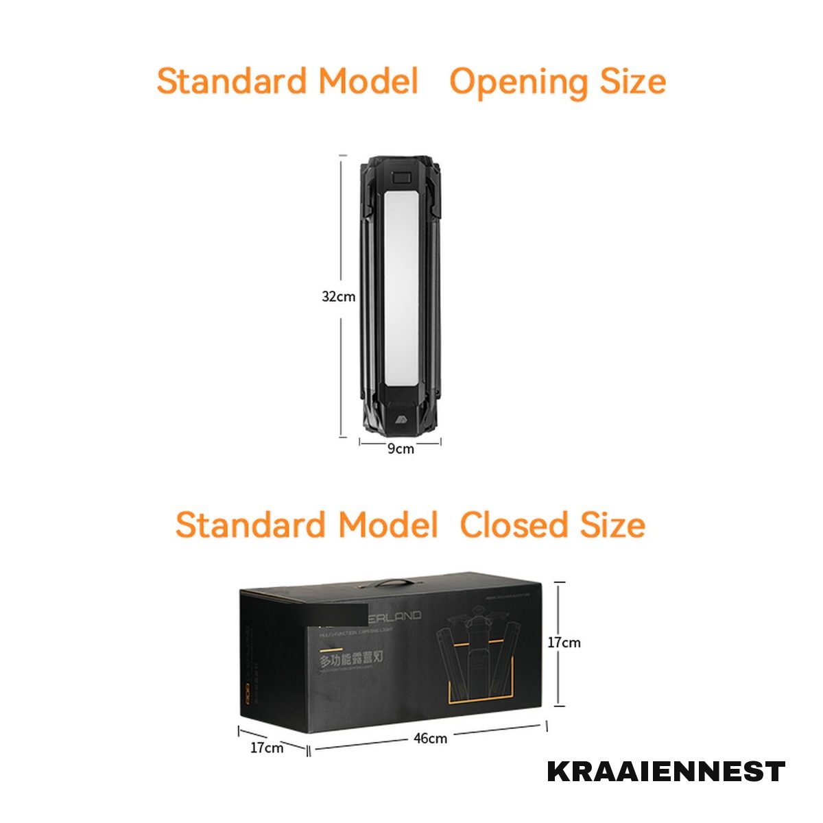 Afmetingen van de Kraaiennest Vuurtoren L01 campinglamp: 32 x 9 cm ingeklapt en 130 cm hoog op statief
