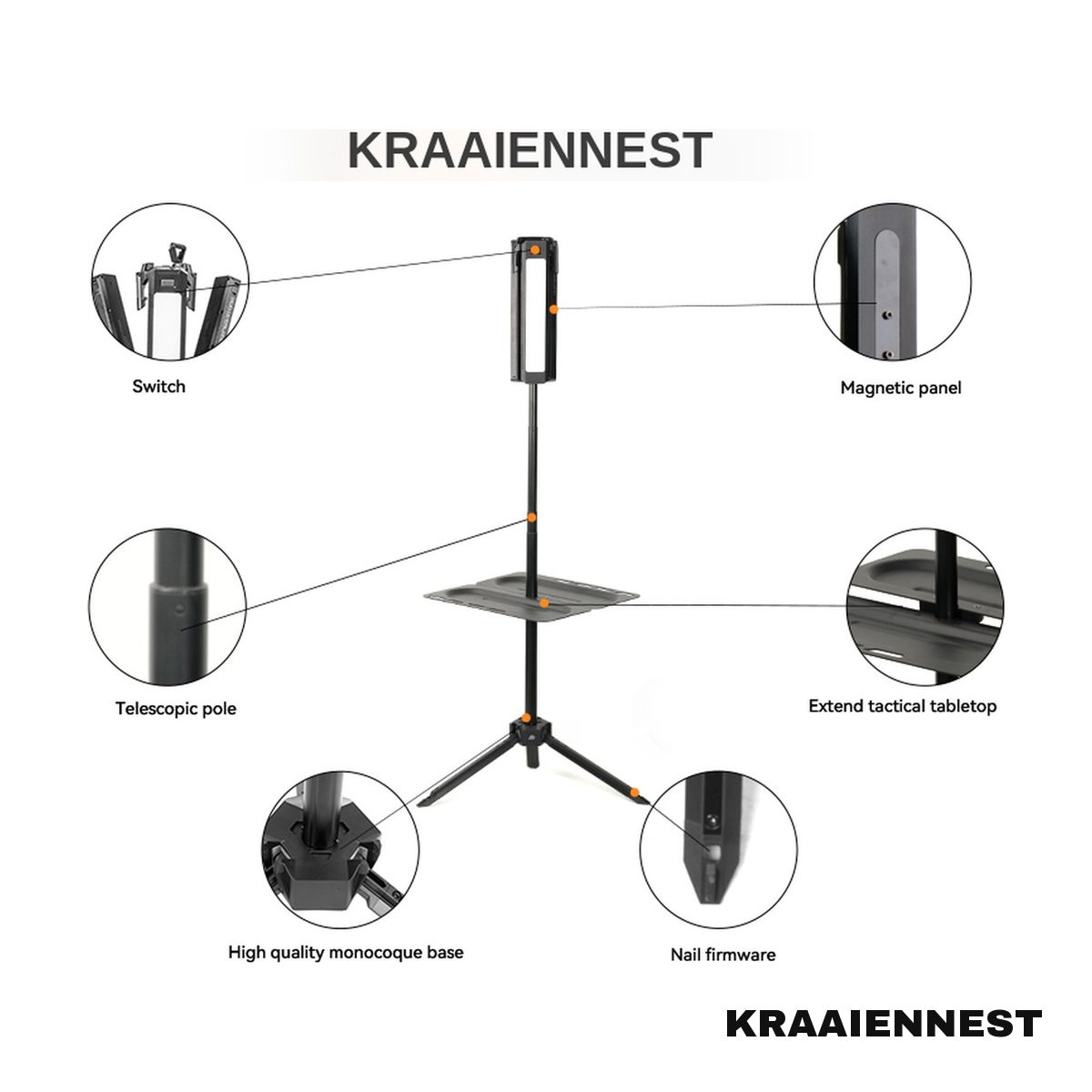 Onderdelen van de Kraaiennest Vuurtoren L01: schakelaar, magnetische panelen, telescoopstok, tafelblad en statiefvoet