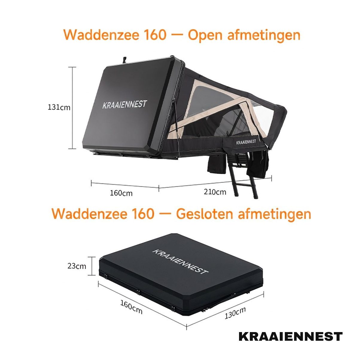 Open en gesloten afmetingen van de Kraaiennest Waddenzee 160 daktent