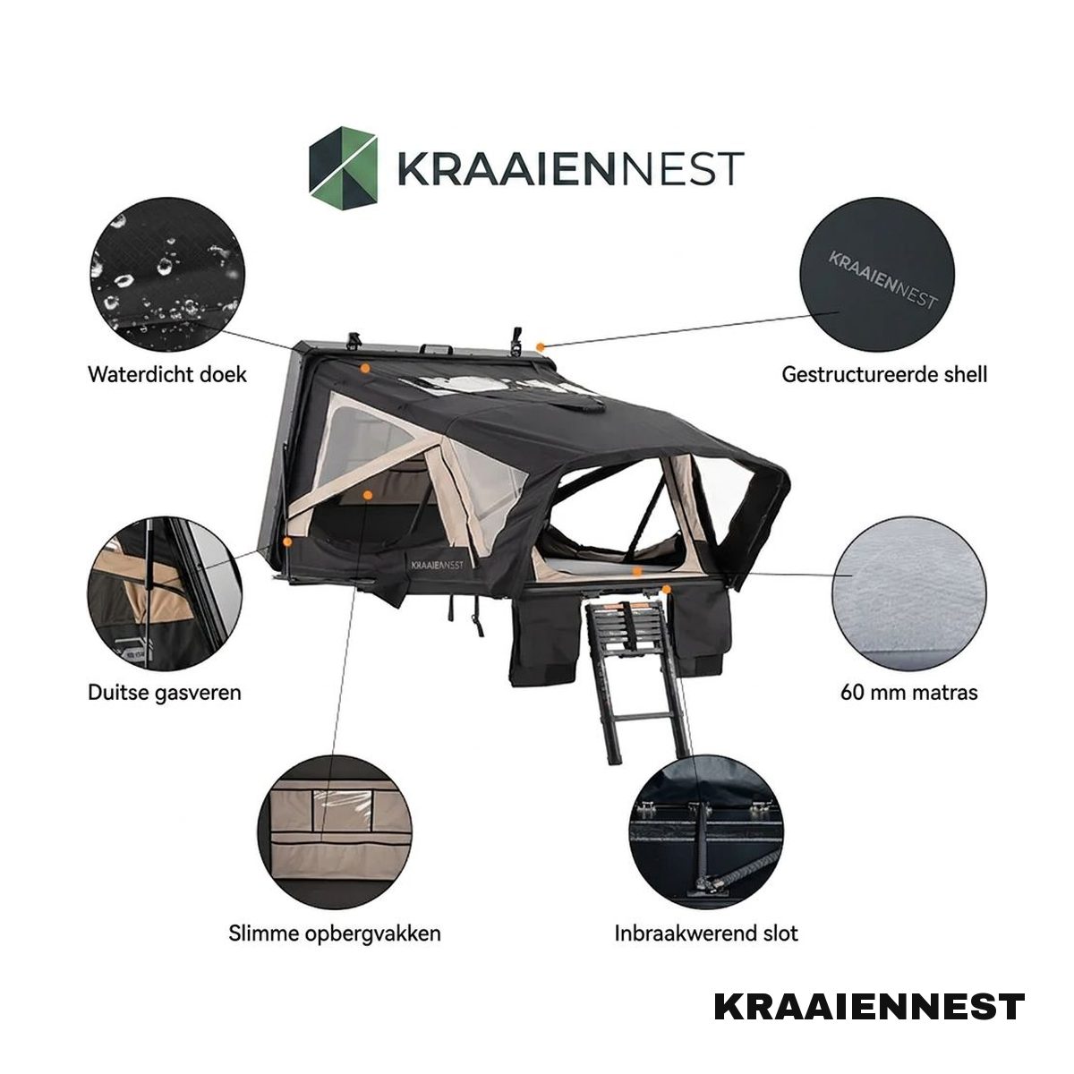 Kenmerken Waddenzee 160: waterdicht doek, gasveren, 60 mm matras, opbergvakken en slot