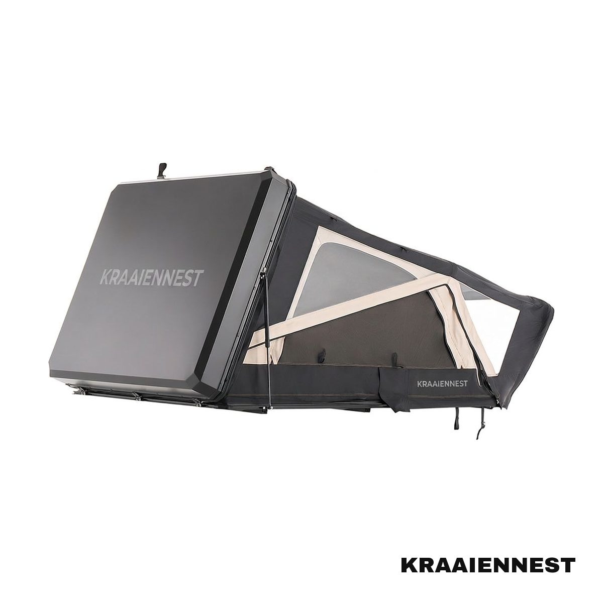 Kraaiennest Waddenzee 160 daktent opengeklapt in studio, zijaanzicht met hardshell